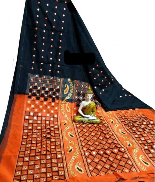 Black &amp; Orange Cotton Silk Cut Work Saree